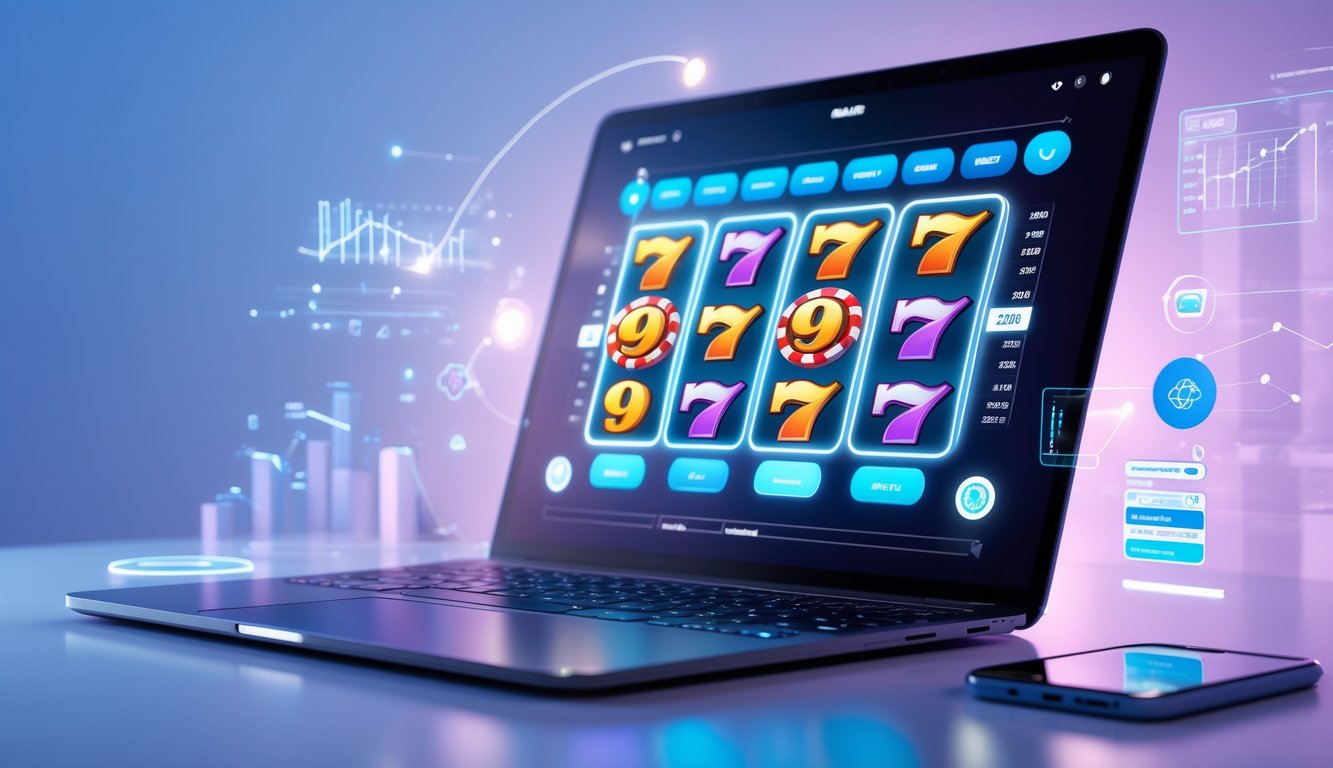 Seorang pengguna sedang bermain game slot online di perangkat digital dengan latar belakang elemen teknologi dan grafik tren.
