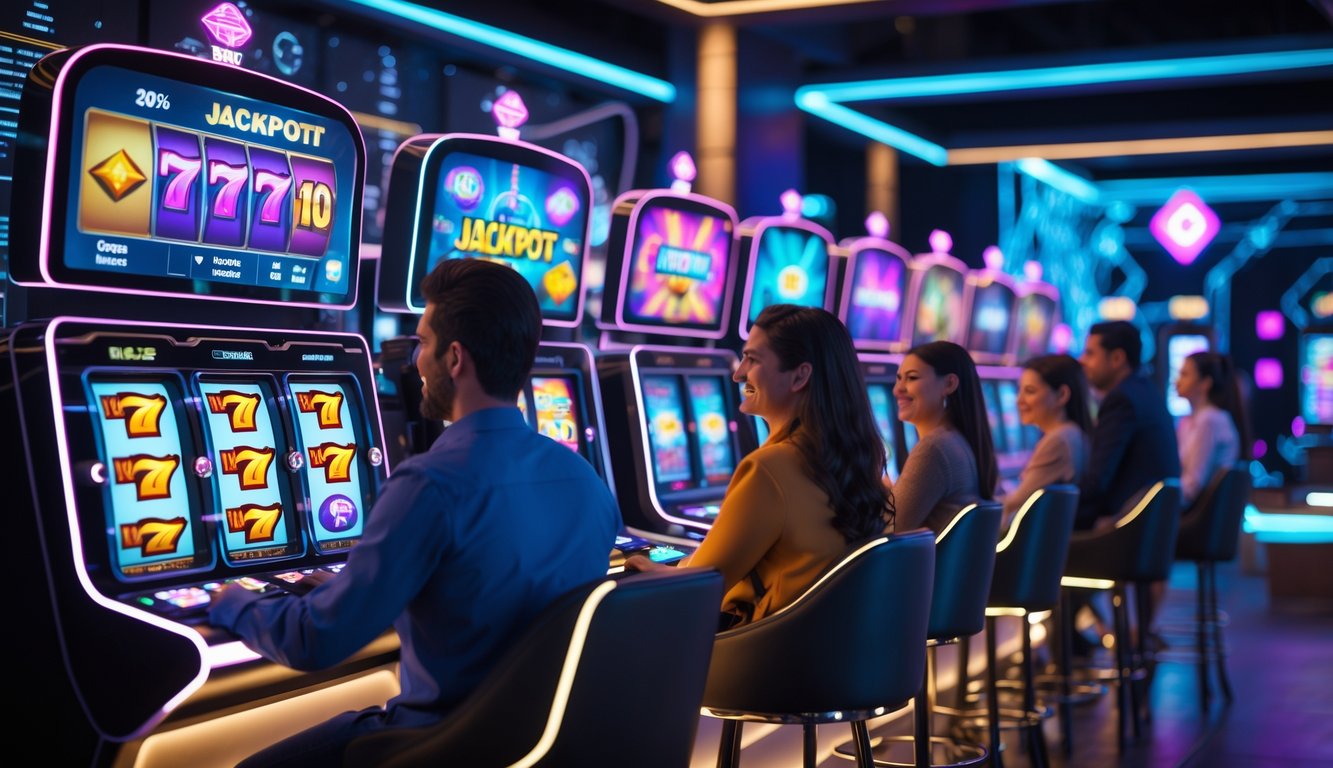 Beberapa orang bermain mesin slot digital di ruang permainan modern dengan layar berwarna cerah dan suasana futuristik.