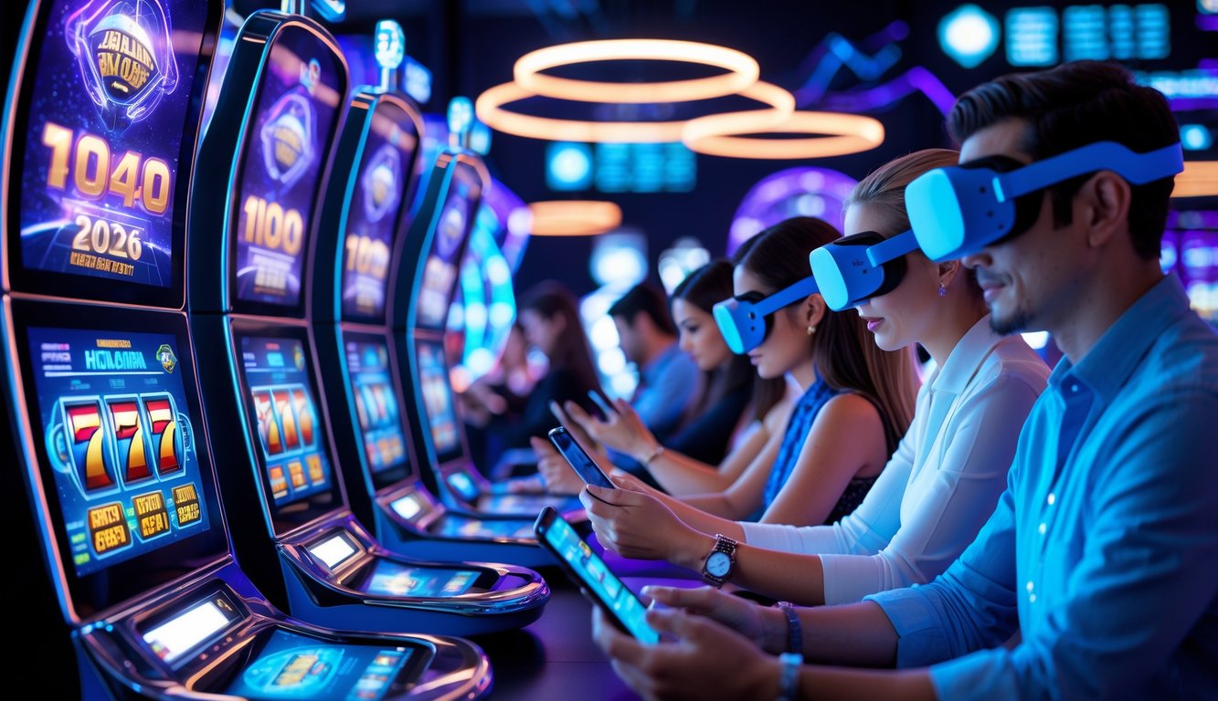 Beberapa orang sedang bermain mesin slot digital di lingkungan kasino futuristik dengan teknologi canggih dan antarmuka AI.