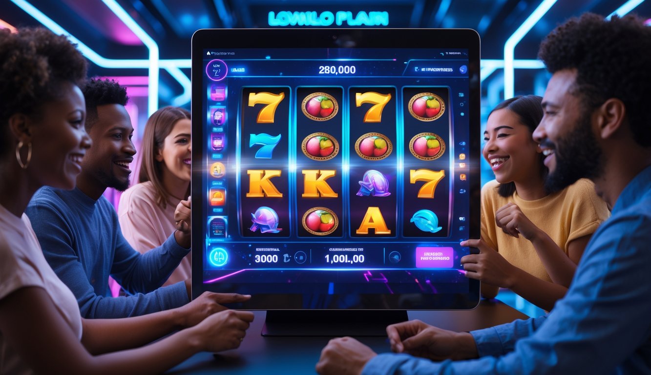 Beberapa orang sedang bermain mesin slot digital dengan antusias di sebuah ruangan modern yang penuh dengan lampu neon dan teknologi canggih.