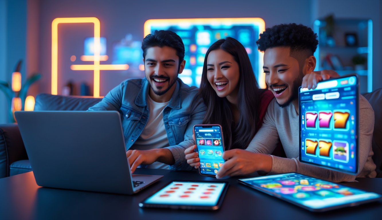 Dua orang muda bermain permainan slot online di ruang tamu modern dengan perangkat digital seperti laptop dan ponsel.