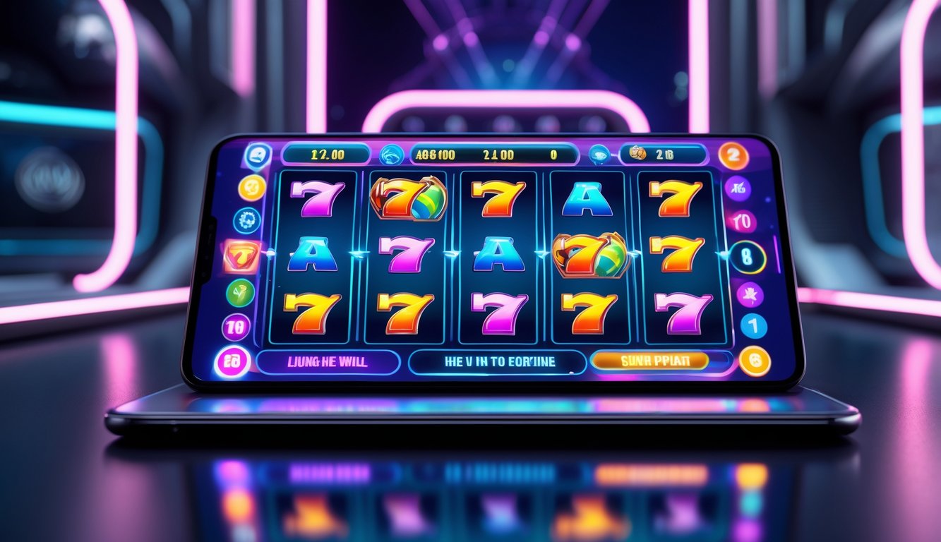 Tampilan layar perangkat digital menampilkan permainan slot online dengan simbol warna-warni dalam suasana gaming modern dan futuristik.