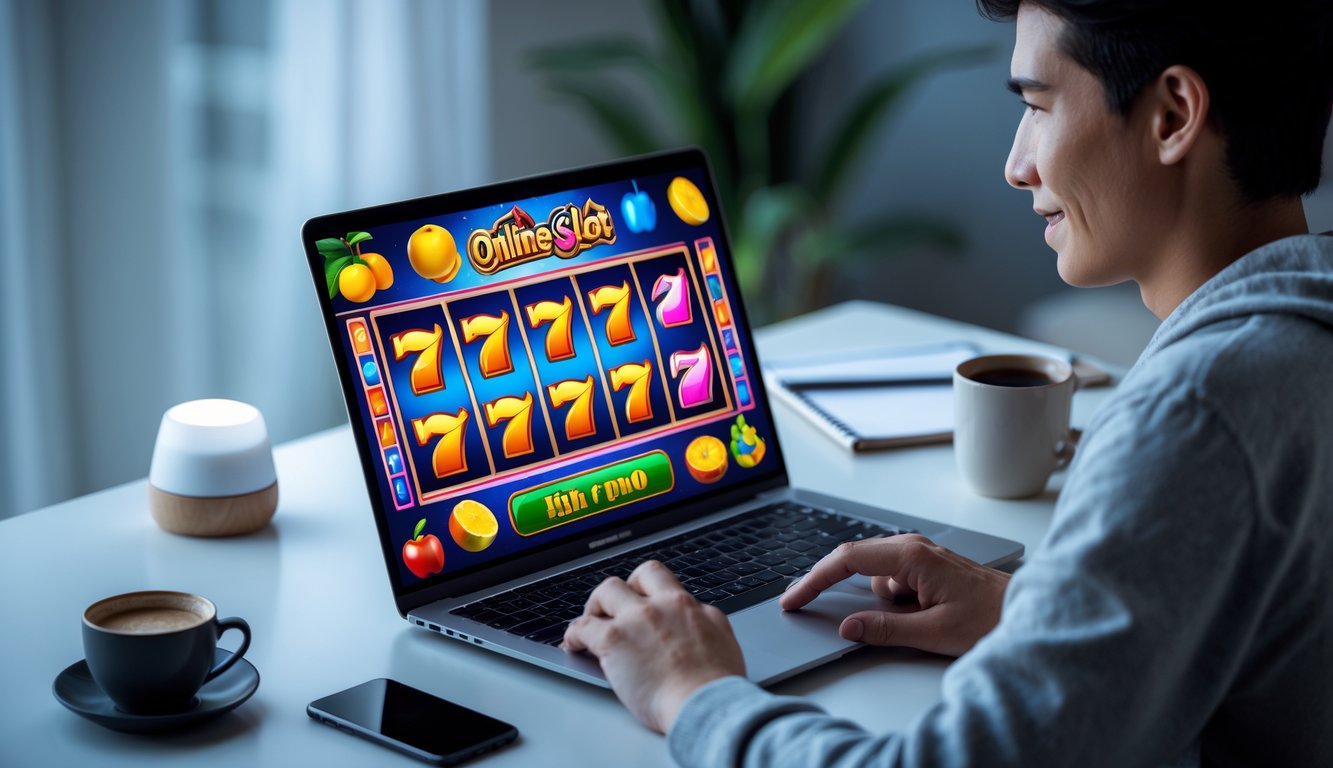 Seorang pemain pemula sedang menggunakan laptop untuk bermain permainan slot online di ruangan yang nyaman.