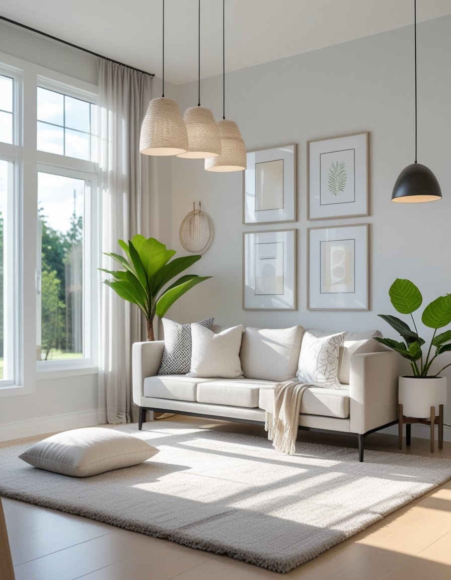 A modern living room with a sofa, area rug, pendant lights, framed art, and a potted plant, all arranged to create an elegant and inviting space.