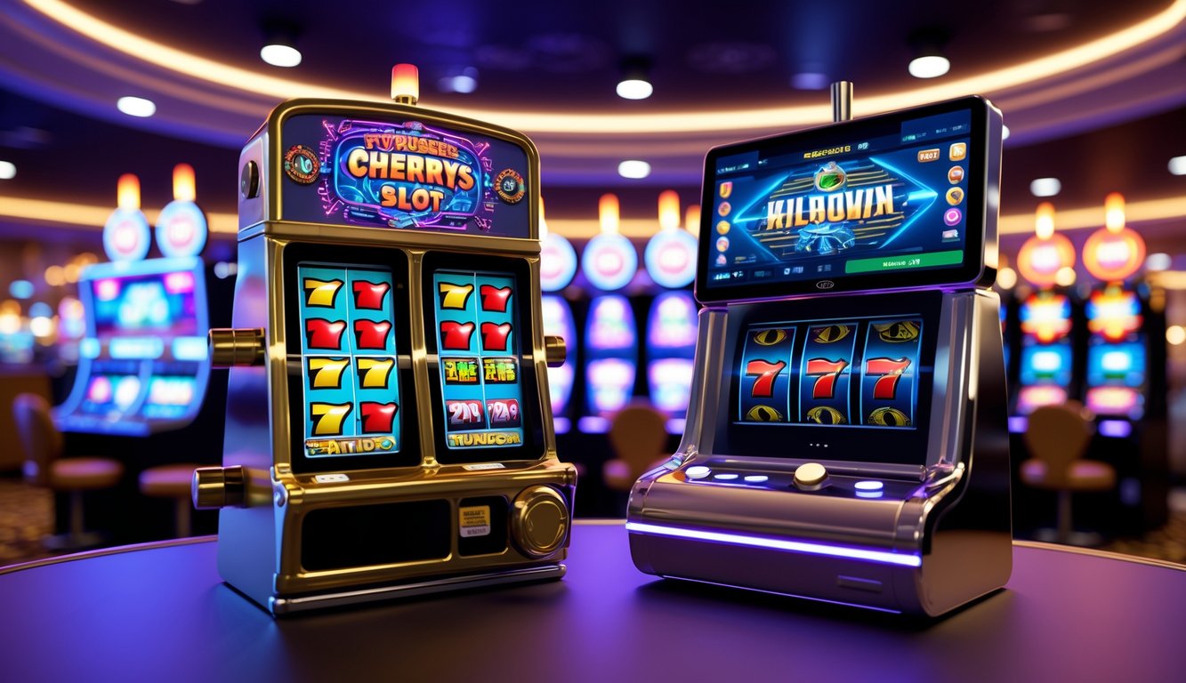 Perbandingan antara mesin slot klasik dengan mesin slot video modern di lingkungan kasino yang terang dan futuristik.
