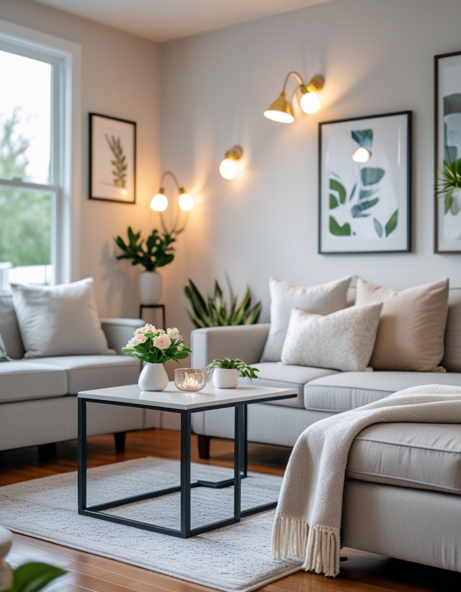 A modern living room with updated light fixtures, fresh paint, polished floors, and tasteful decorations creating an elegant and comfortable space.
