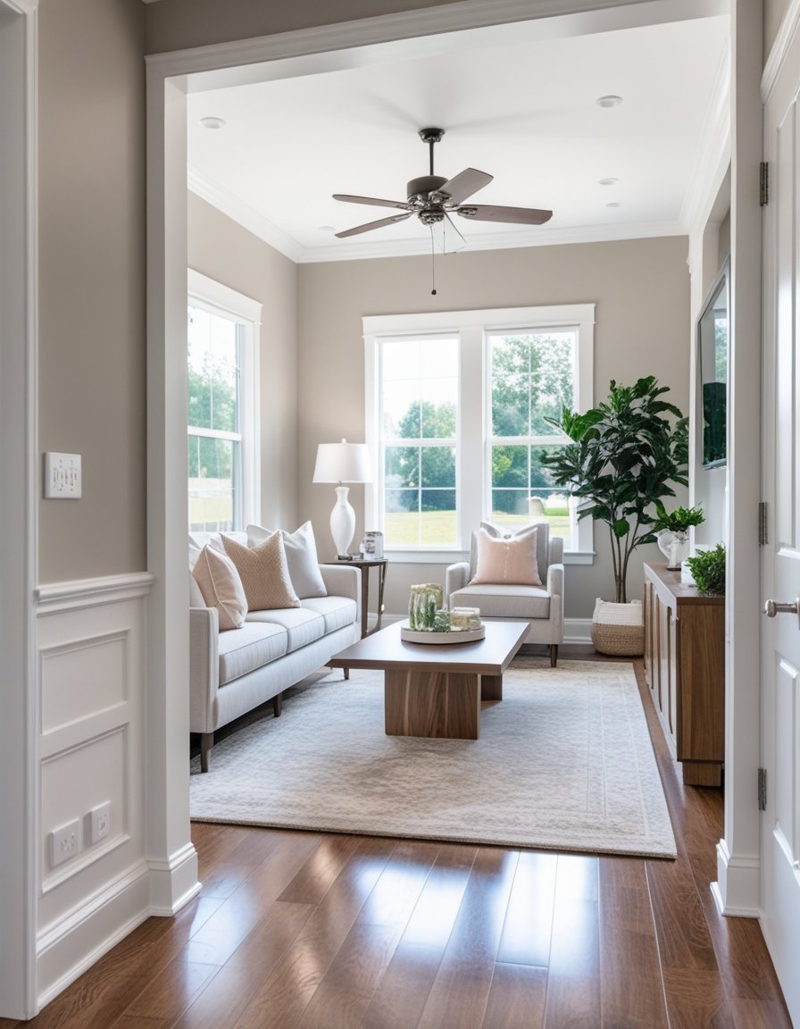 A modern living room with freshly painted walls, polished wooden furniture, and natural light coming through large windows.