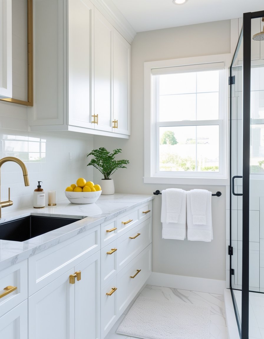 A modern kitchen and bathroom with new hardware, fixtures, and decor that create an elegant and fresh look.