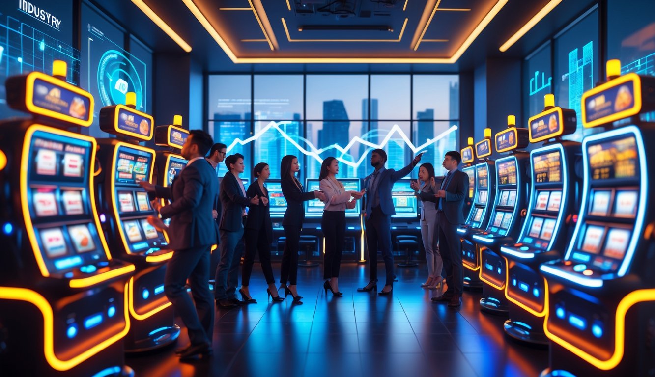 Sejumlah orang bermain mesin slot digital modern di ruang permainan dengan lampu warna-warni dan layar digital, latar belakang menunjukkan grafik pertumbuhan industri dan pemandangan kota futuristik.