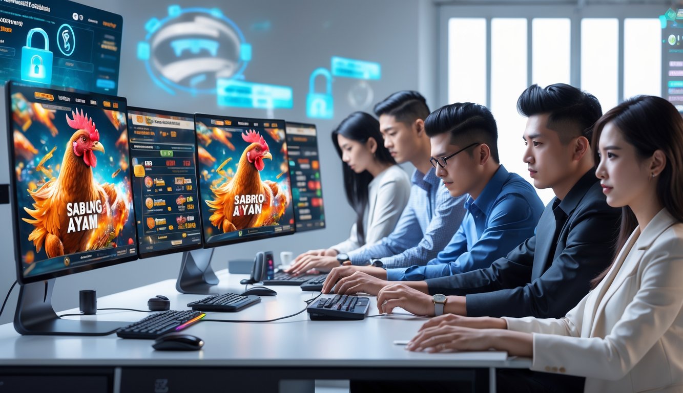 Beberapa orang muda sedang menggunakan komputer dengan layar menampilkan pertandingan sabung ayam virtual dan antarmuka taruhan di lingkungan digital modern.