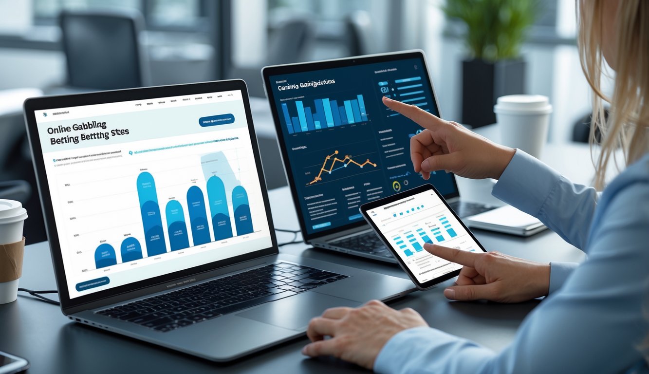 Seorang profesional sedang menganalisis data di depan laptop dan tablet di ruang kantor modern.