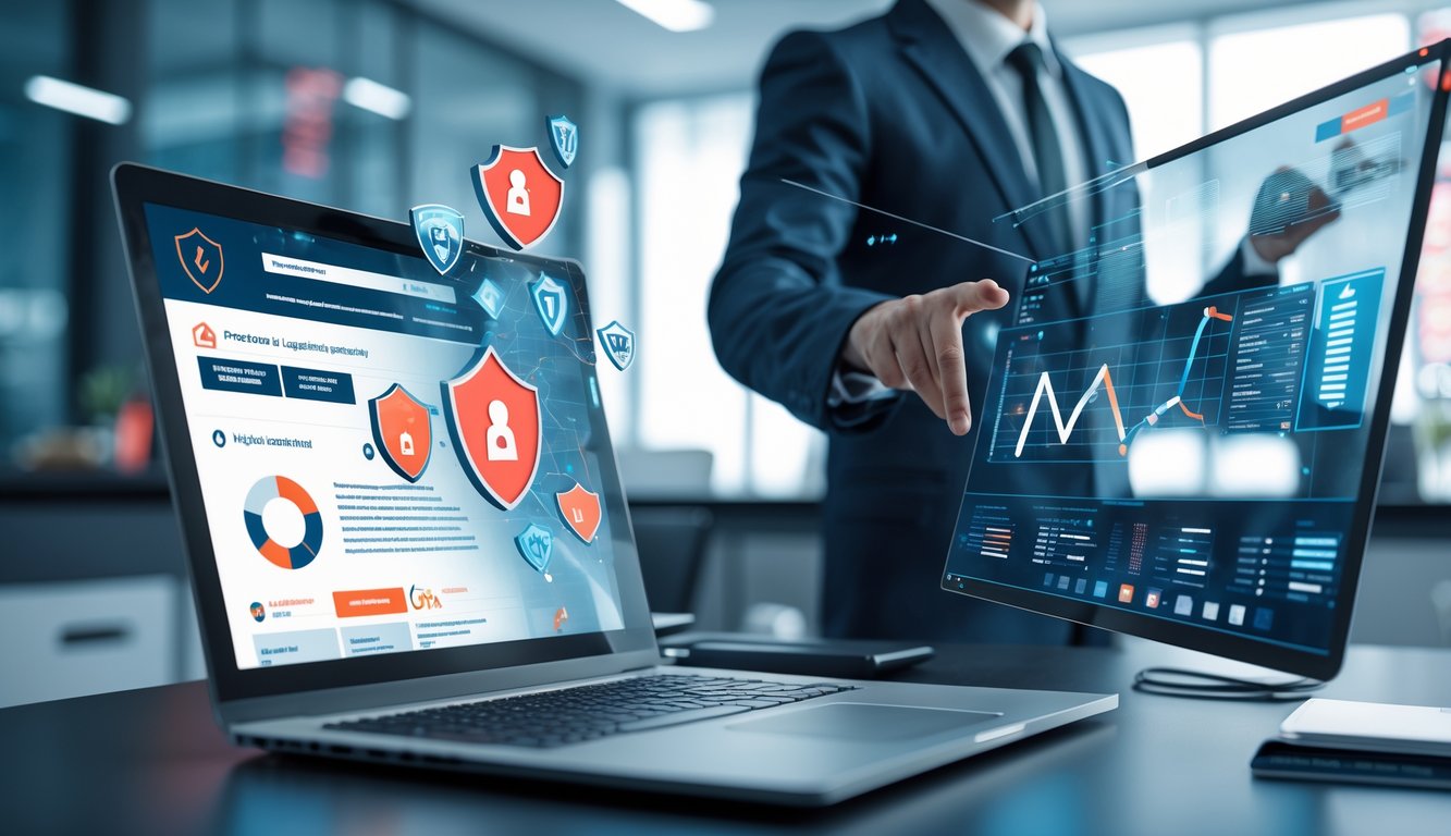 Seorang profesional sedang bekerja dengan laptop dan layar digital yang menampilkan ikon hukum dan keamanan digital di ruang kerja modern.