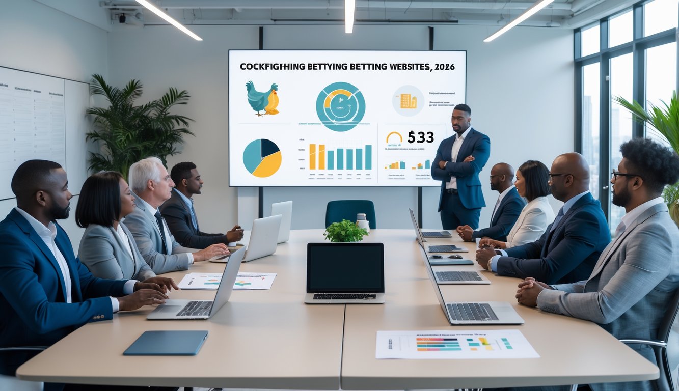 Sekelompok orang dewasa sedang berdiskusi serius di ruang kantor modern dengan laptop dan layar digital yang menampilkan visual data.
