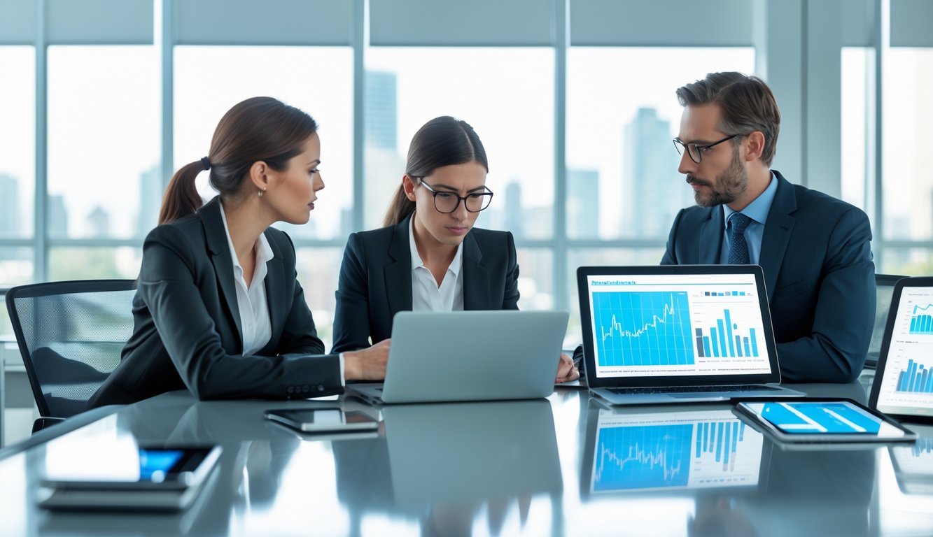 Dua profesional bisnis sedang berdiskusi serius di kantor modern dengan laptop dan tablet di meja konferensi.