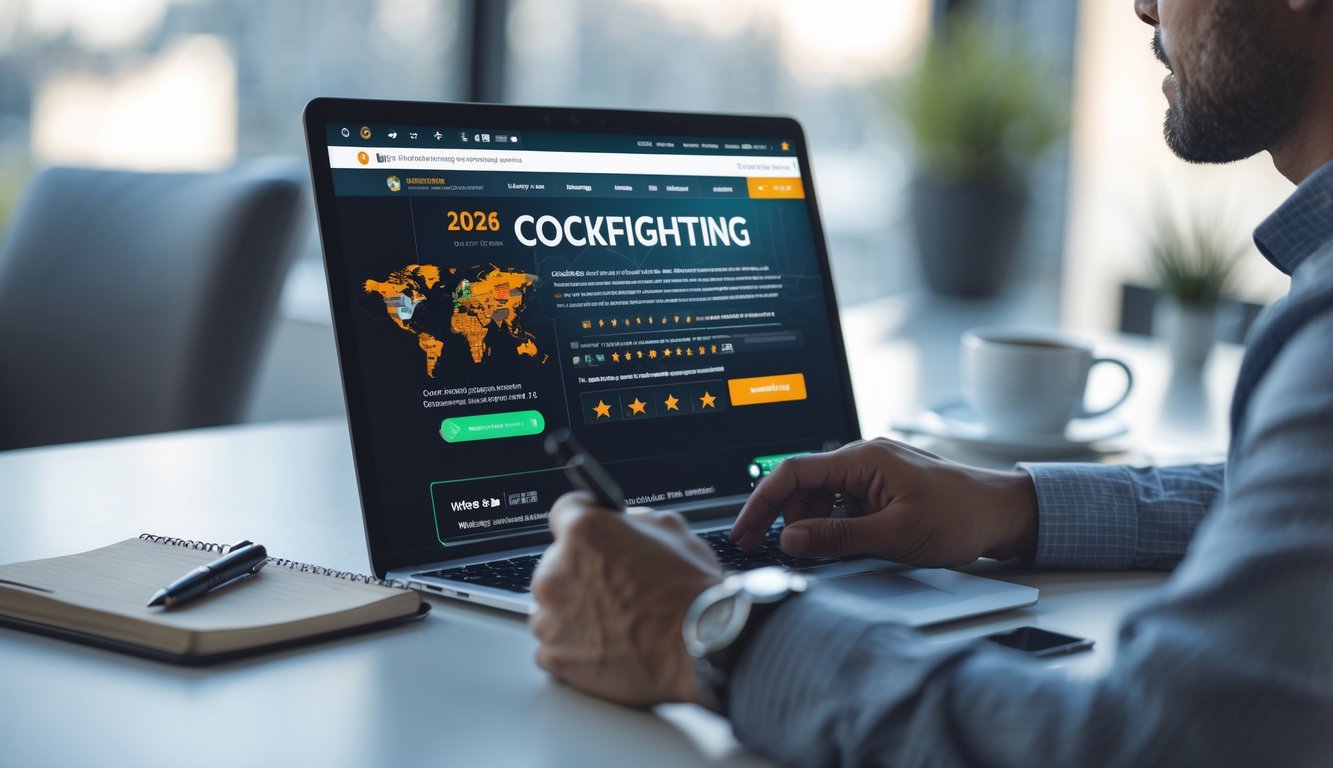 Seorang pengguna sedang duduk di depan laptop di meja kerja sambil meninjau situs judi sabung ayam dengan ekspresi fokus.