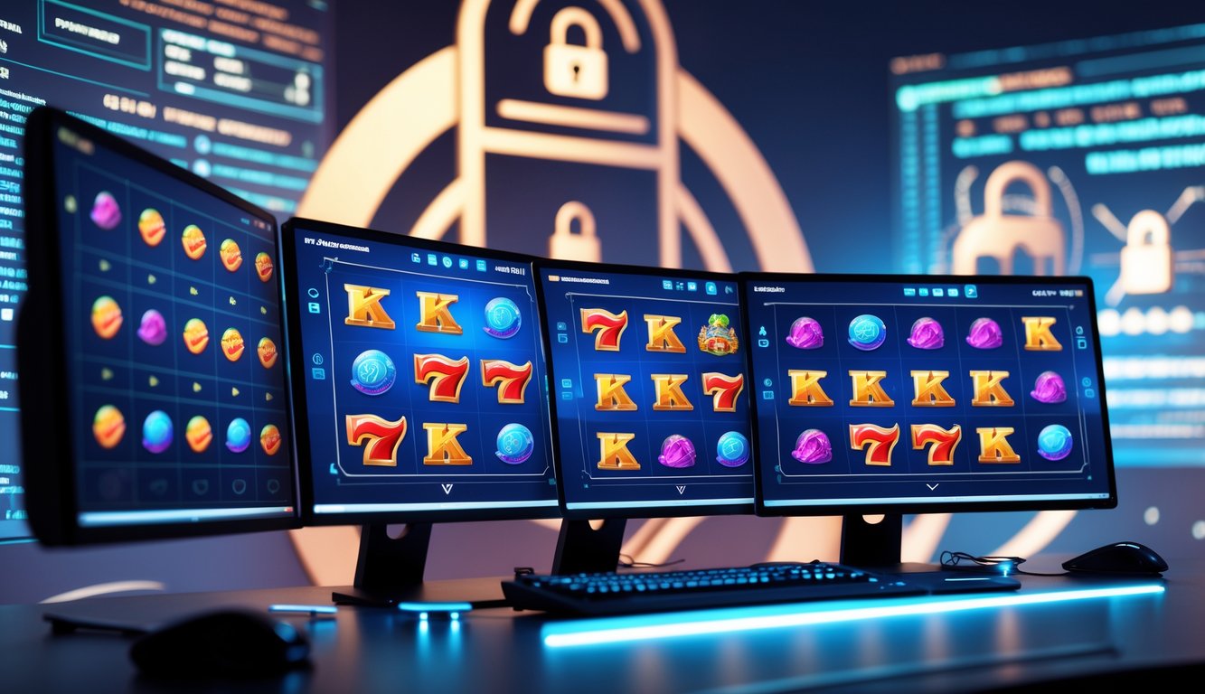 Sebuah meja kerja dengan komputer modern menampilkan permainan slot online dan simbol keamanan digital di latar belakang.