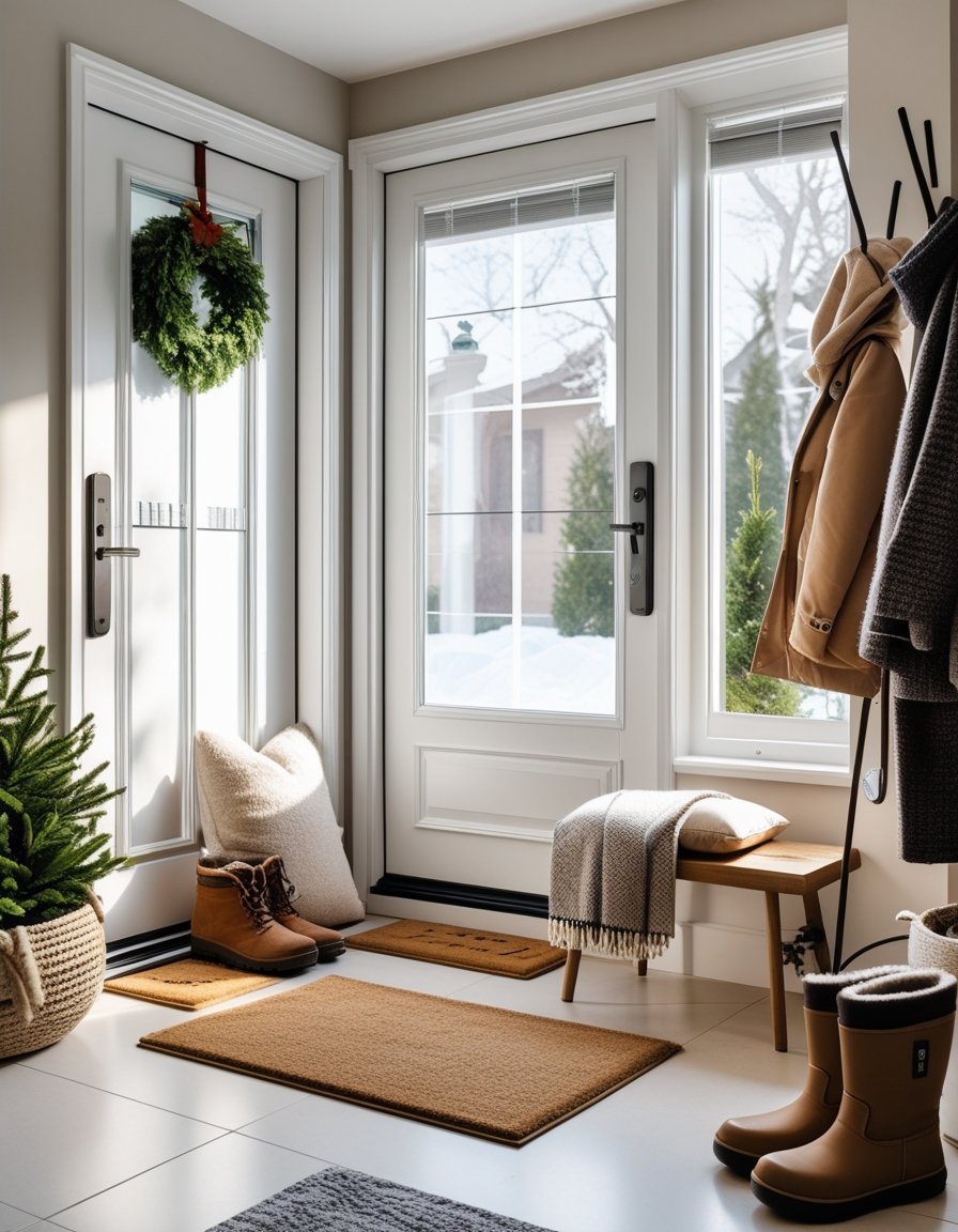 A cozy home entryway with a warm welcome mat, bench with cushions, shoe rack with boots, and coats hanging by the door during winter.