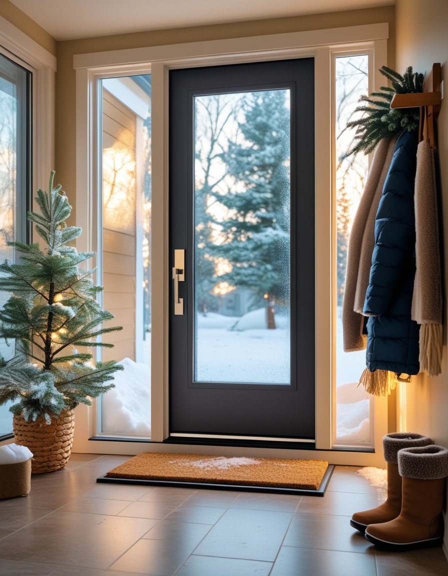 A residential entryway showing a front door with weatherproofing, a doormat with snow, boots on a shoe rack, and winter coats hanging inside.