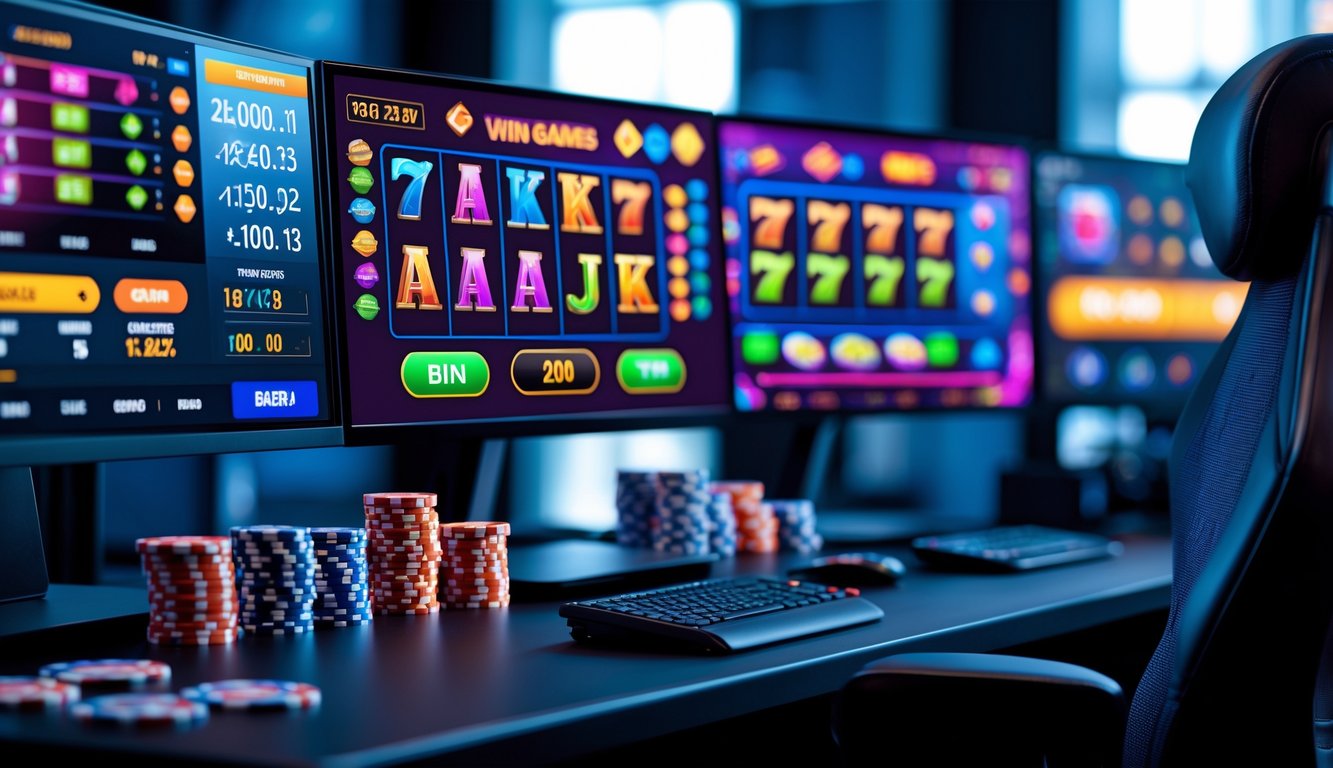 Sebuah ruang kerja modern dengan beberapa monitor menampilkan permainan slot online dan grafik data terkait.