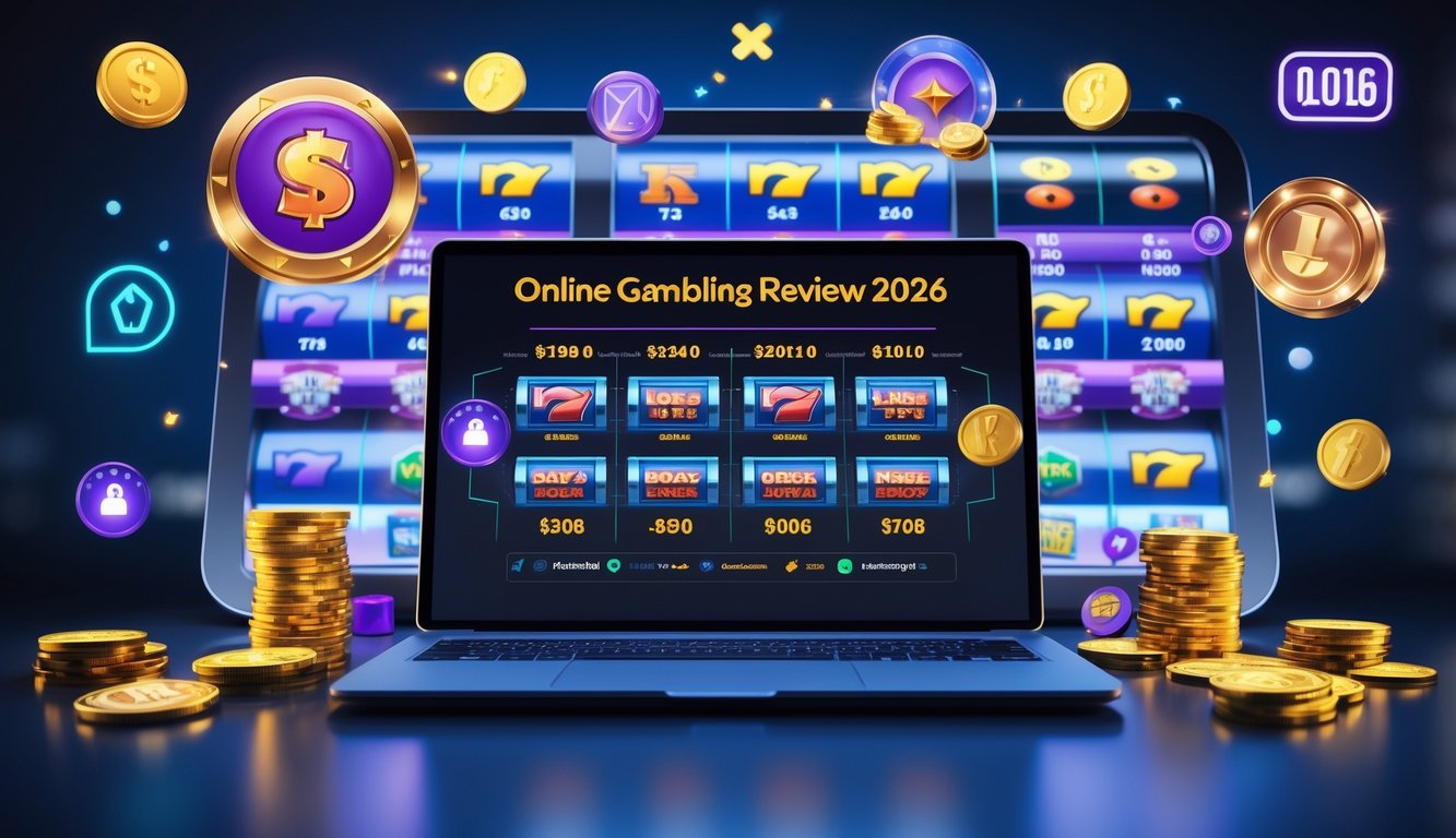 Sebuah ruang kerja modern dengan laptop yang menampilkan statistik permainan slot online dan ikon keamanan, dikelilingi oleh simbol mesin slot berwarna-warni dan elemen bonus.