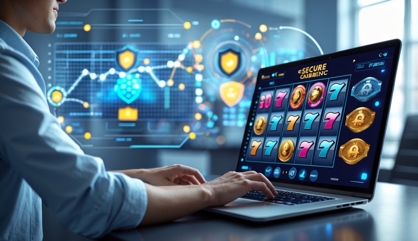 Seseorang menggunakan laptop di ruang kerja modern dengan tampilan permainan slot online yang aman dan terpercaya.