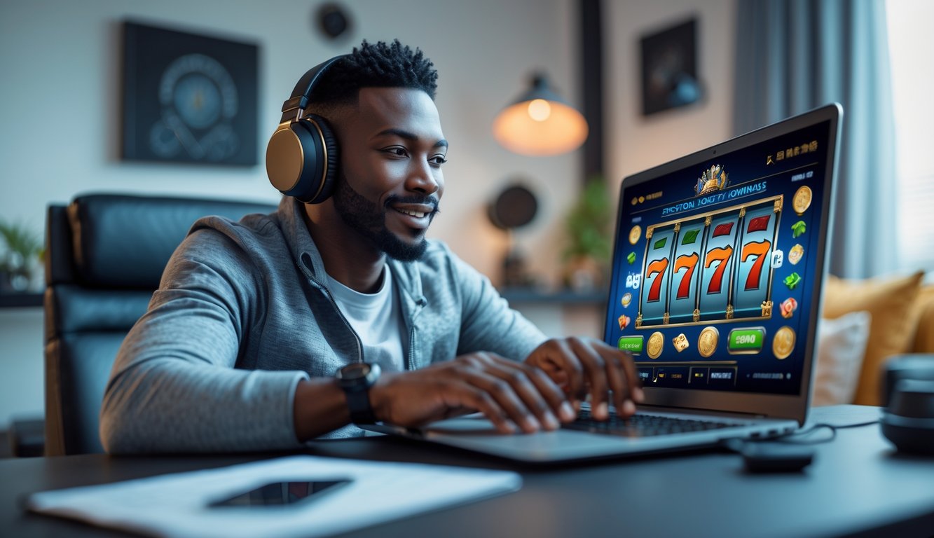 Seorang pemain berpengalaman sedang bermain mesin slot online di laptop di ruang kerja modern yang nyaman.
