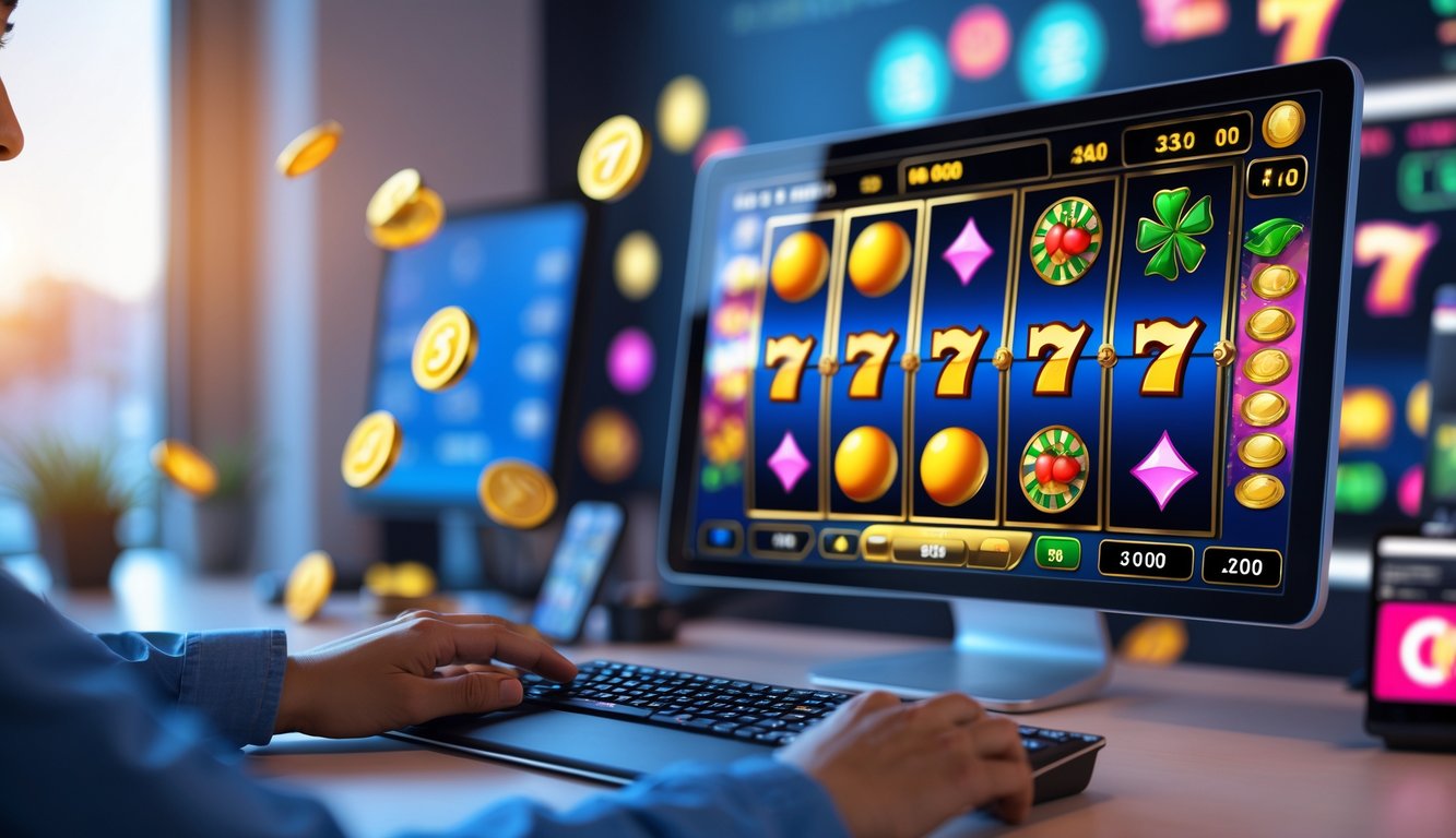 Seseorang bermain permainan slot online di komputer dengan tampilan grafis warna-warni dan ikon bonus di latar belakang.
