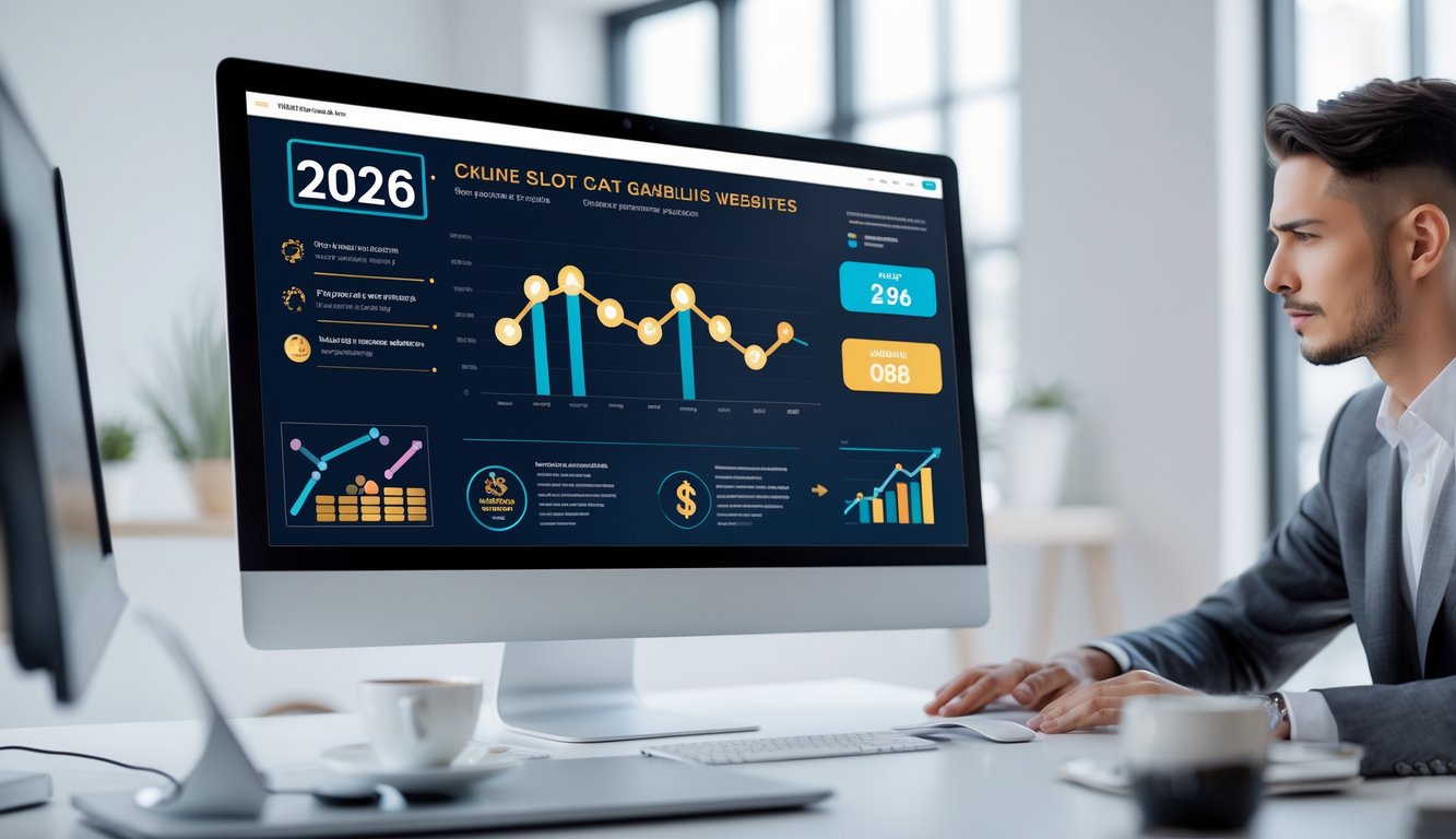 Seorang profesional sedang melihat grafik perbandingan situs judi slot online di layar komputer di ruang kerja modern.