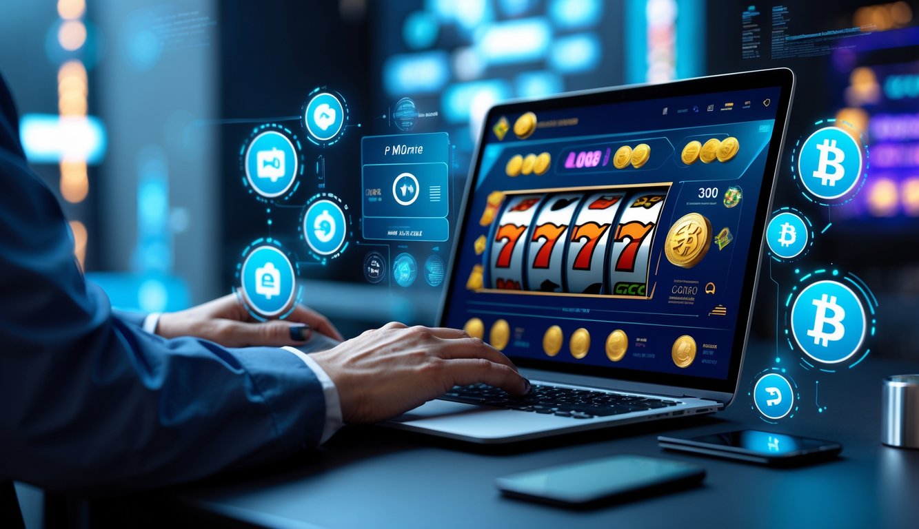 Seseorang menggunakan laptop di meja kerja dengan tampilan permainan slot online dan ikon metode pembayaran digital di sekitarnya.