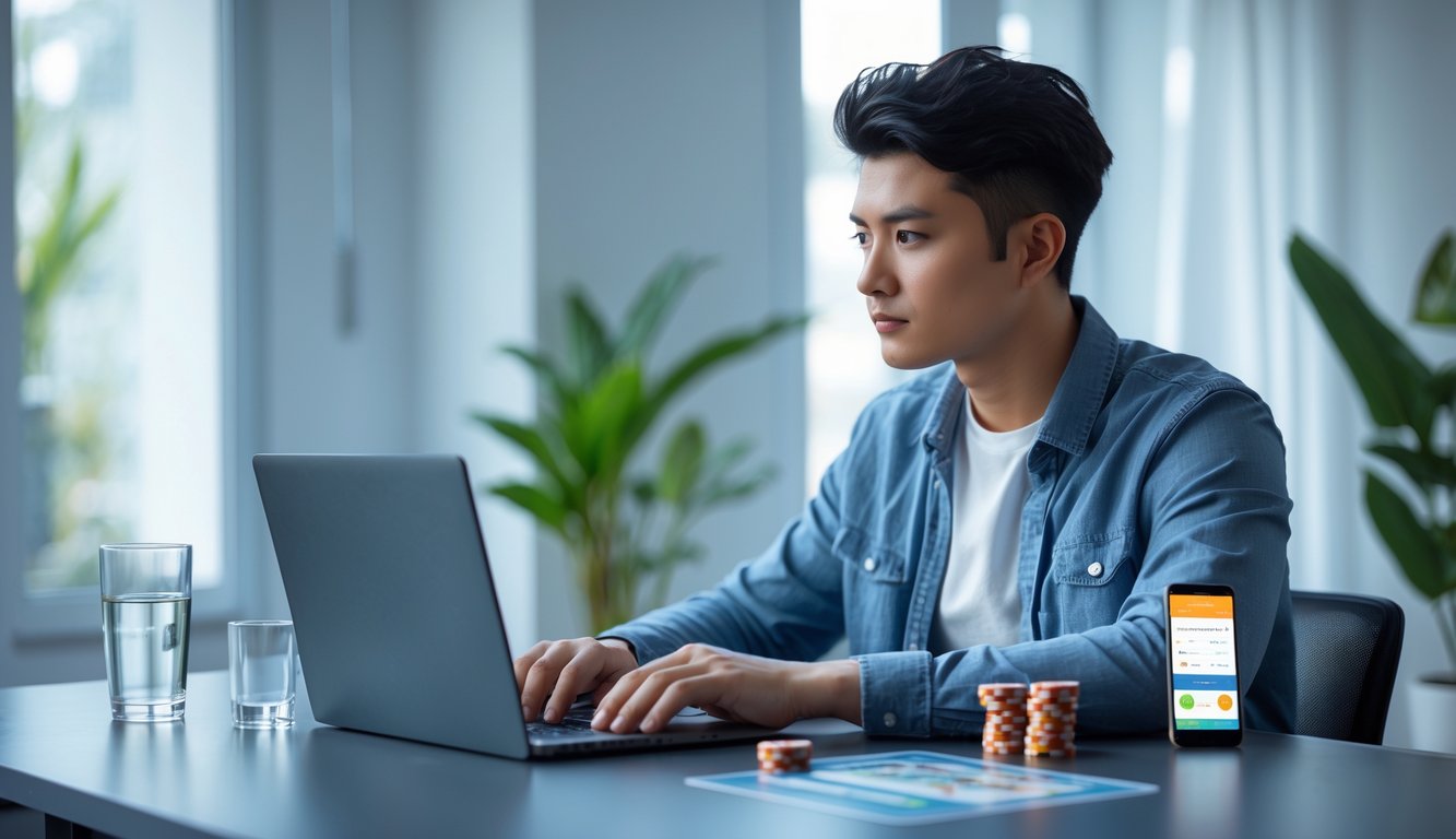 Seorang dewasa muda duduk di meja dengan laptop, bermain slot online dengan fokus dan tenang dalam ruangan yang terang dan nyaman.