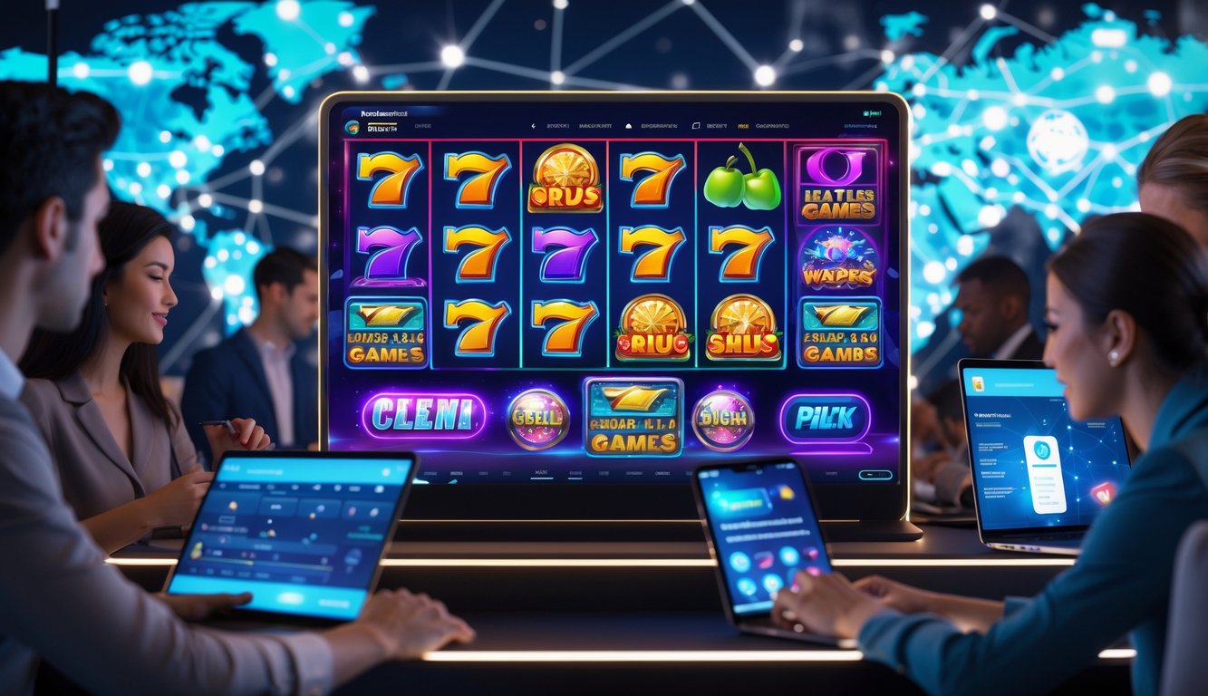 Orang-orang menggunakan perangkat digital untuk bermain mesin slot online dengan latar belakang peta dunia dan elemen teknologi.