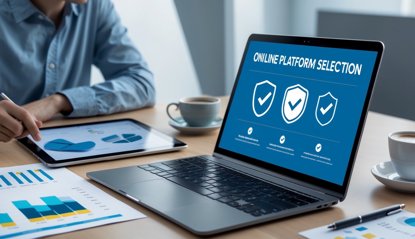 Seseorang sedang bekerja dengan laptop dan tablet di meja yang rapi, dikelilingi oleh dokumen dan grafik, menunjukkan aktivitas memilih platform online yang aman dan terpercaya.