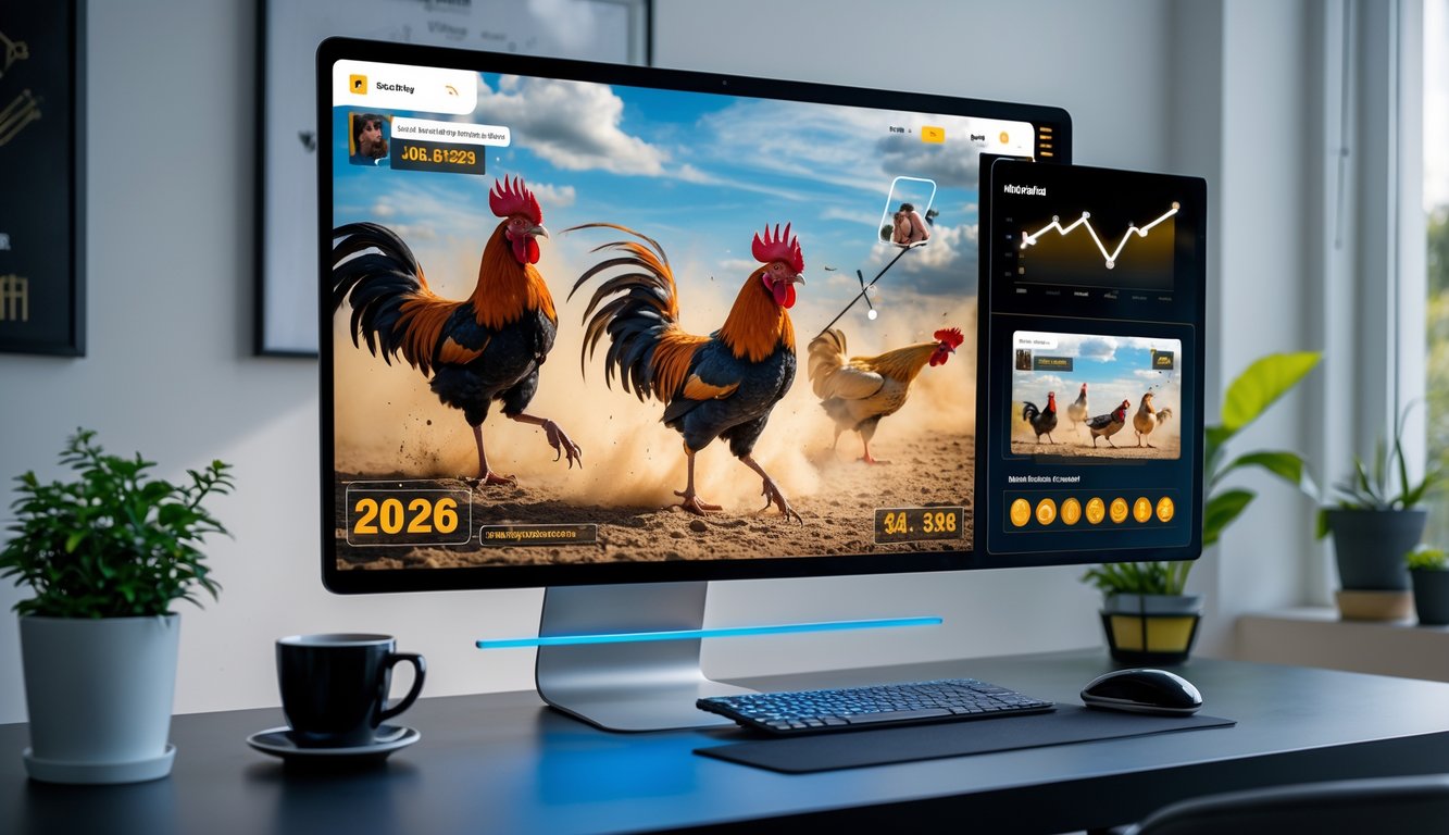 Sebuah ruang kerja modern dengan komputer menampilkan siaran langsung pertandingan sabung ayam.