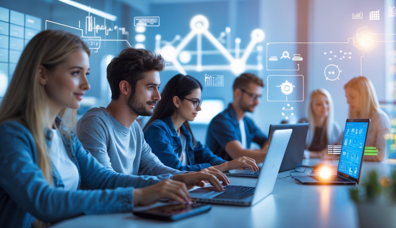 Beberapa orang muda menggunakan laptop dan ponsel di ruang kerja modern yang terang.