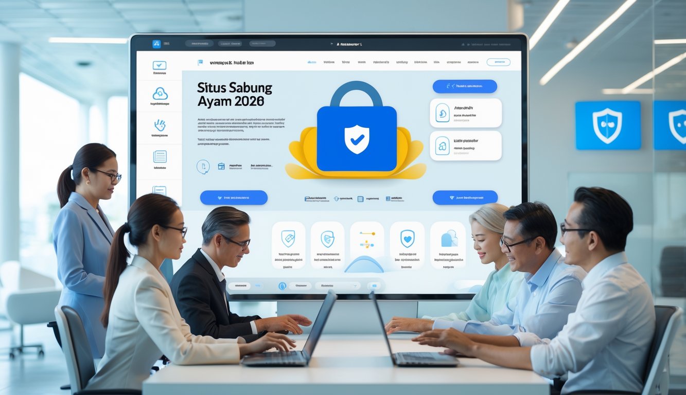Orang-orang menggunakan antarmuka digital modern di ruang kantor yang terang dan aman.