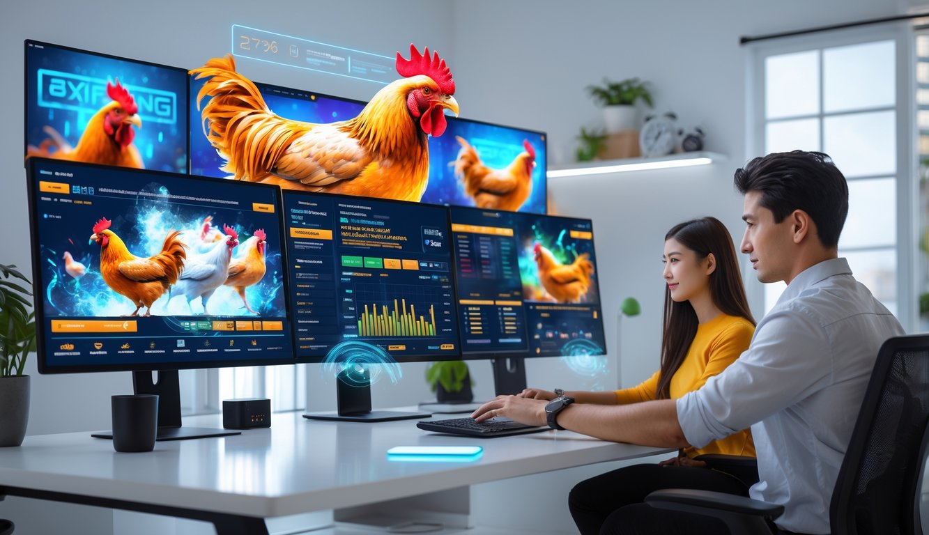 Dua orang muda duduk di meja dengan beberapa monitor yang menampilkan pertandingan sabung ayam virtual dan grafik taruhan dalam ruangan kantor rumah yang modern.