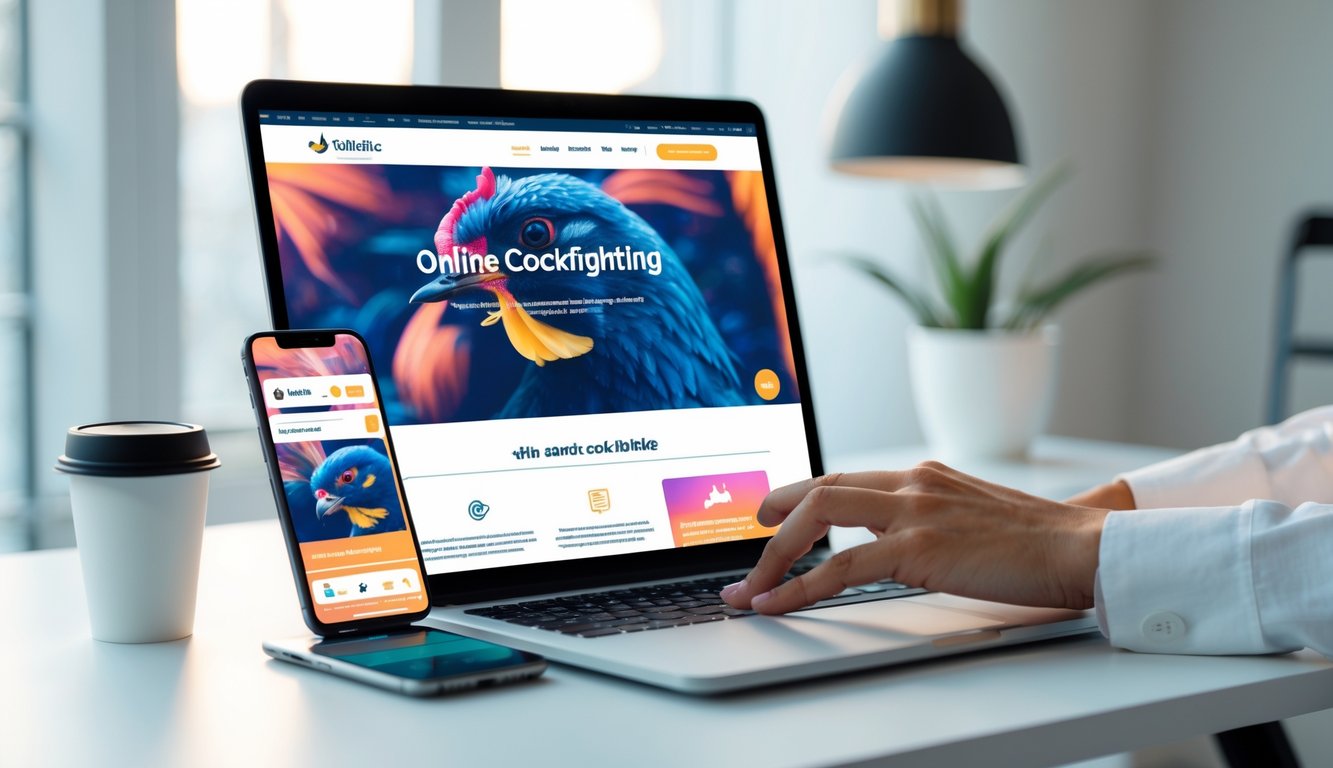 Seseorang menggunakan ponsel dan laptop dengan tampilan situs sabung ayam modern di meja kerja.