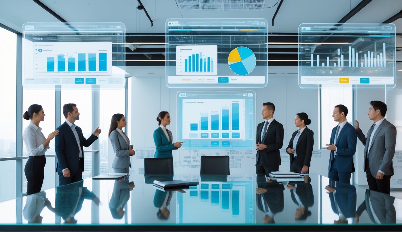 Beberapa profesional sedang berdiskusi di ruang kantor modern dengan layar holografik yang menampilkan grafik dan data, menggambarkan perbandingan situs sabung ayam online berdasarkan pelayanan dan sistem.