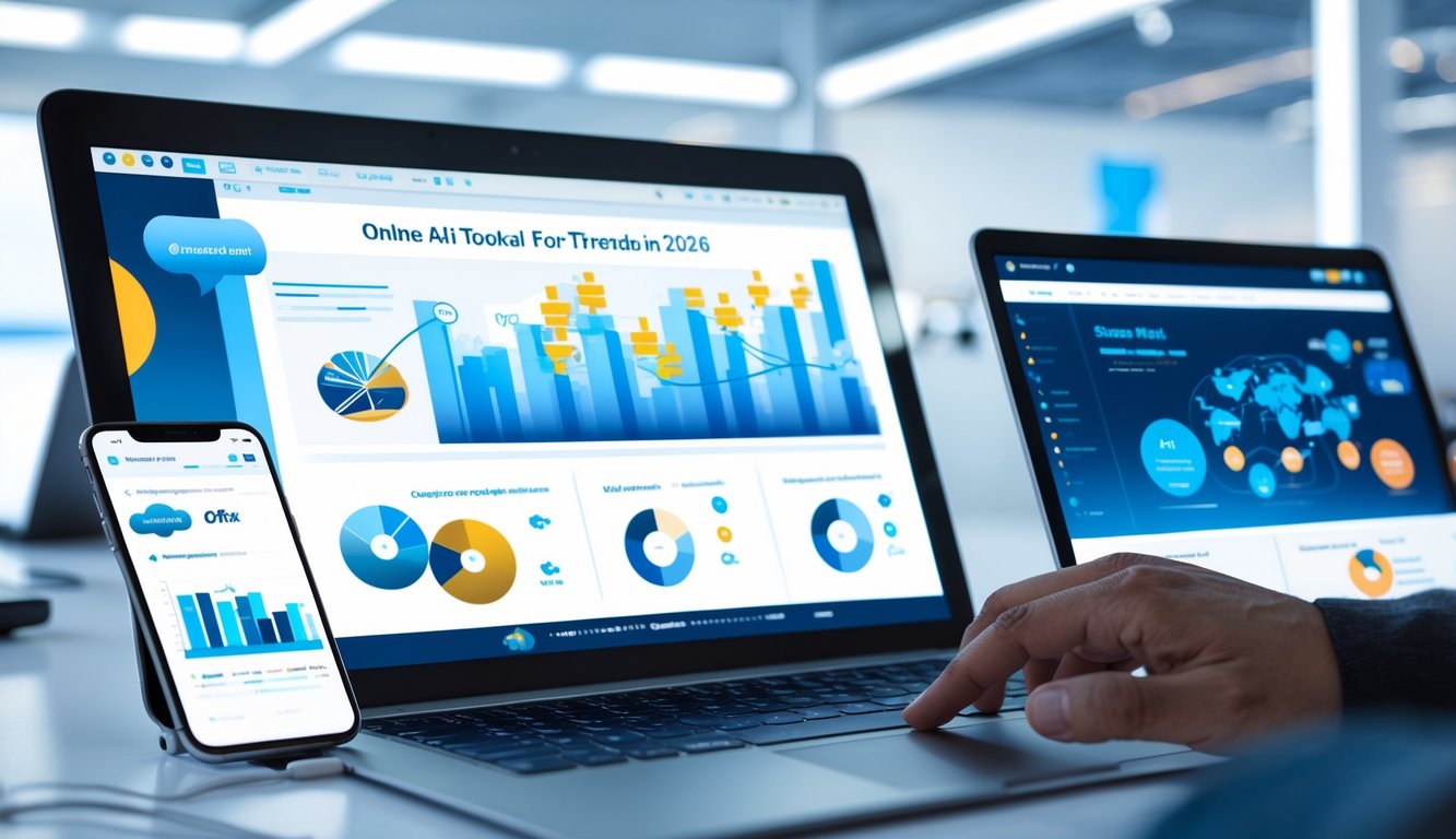 Seorang profesional menggunakan laptop di meja kerja modern dengan ponsel dan tablet di sekitarnya, menampilkan grafik dan data digital yang mencerminkan tren online terbaru.