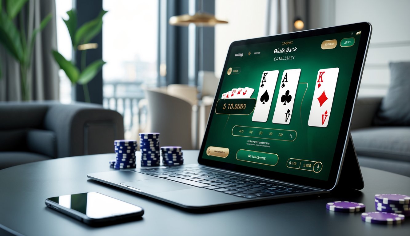 Sebuah layar komputer menampilkan permainan blackjack klasik dengan kartu dan chip poker di meja yang rapi dan terang.