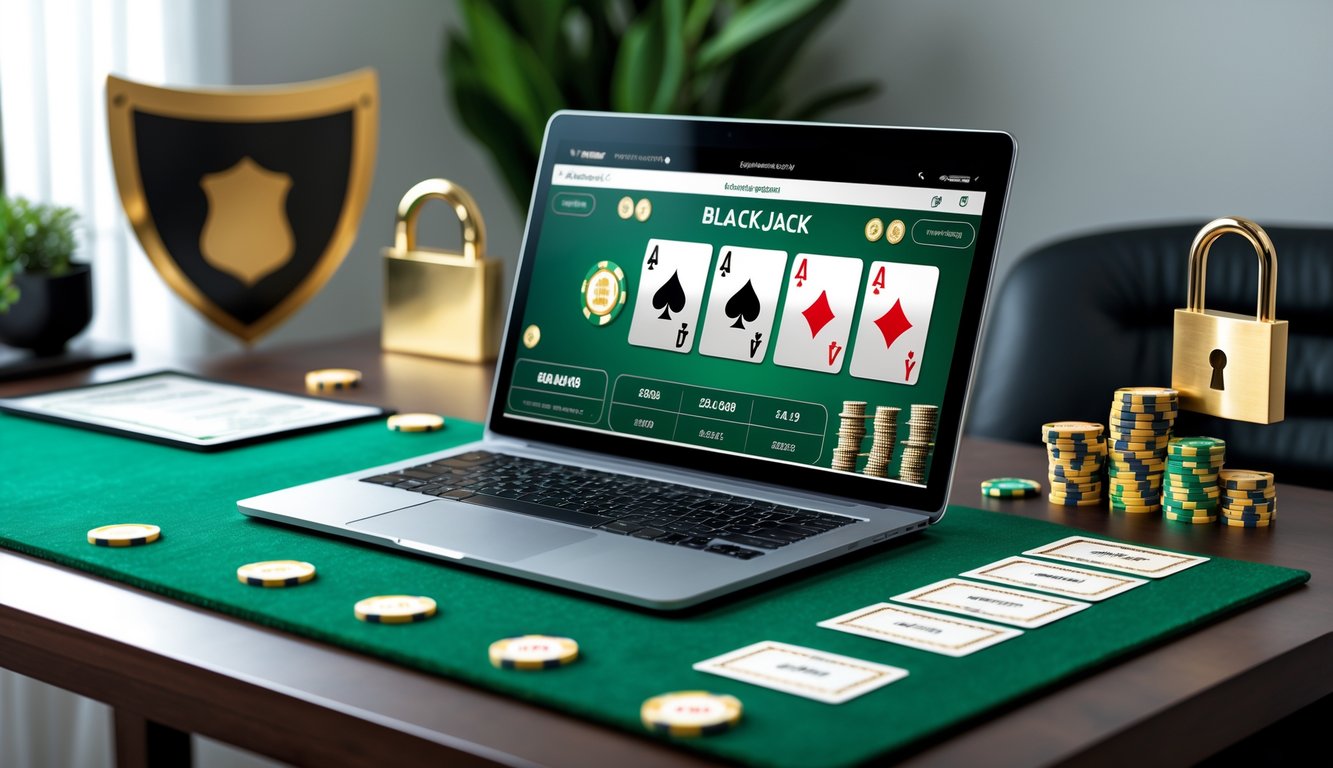 Seorang pria menggunakan laptop dengan tampilan permainan blackjack klasik online di meja kerja yang rapi dengan simbol keamanan di latar belakang.