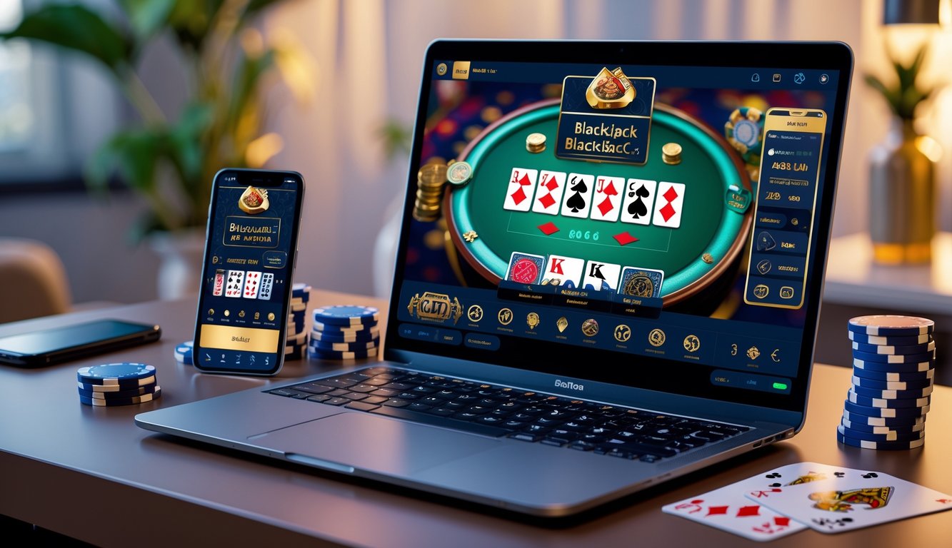 Seorang pemain sedang menggunakan laptop untuk bermain blackjack online dengan kartu dan chip di meja dalam suasana ruangan yang nyaman.