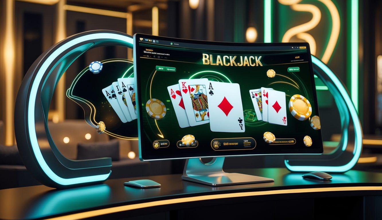 Sebuah layar komputer menampilkan permainan blackjack online dengan kartu dan chip di sebuah ruangan bergaya kasino futuristik.