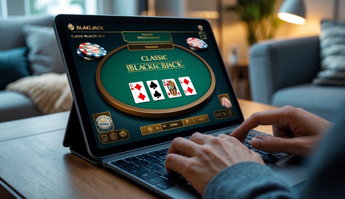 Seseorang bermain blackjack klasik secara online menggunakan laptop di lingkungan rumah yang nyaman dan modern.
