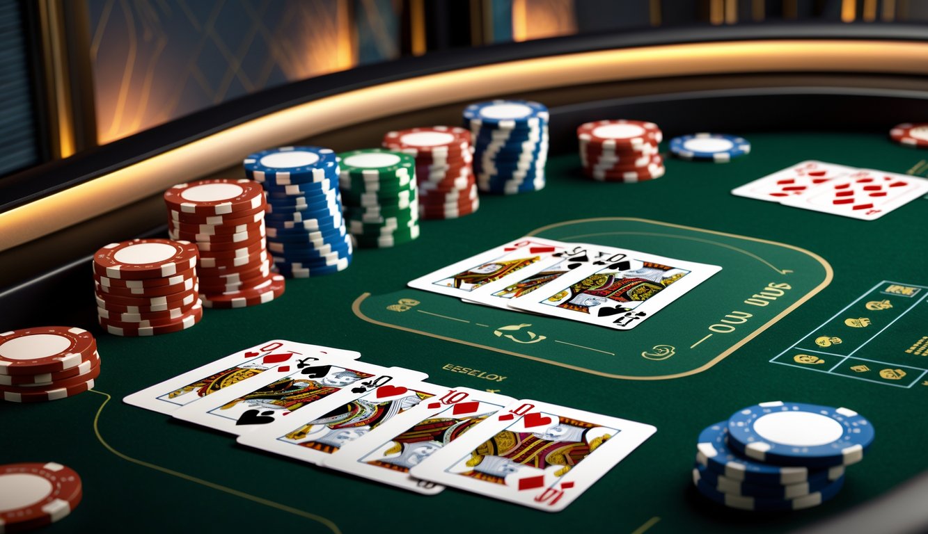 Tampilan meja blackjack online dengan kartu dan tumpukan chip di atas permukaan hijau.