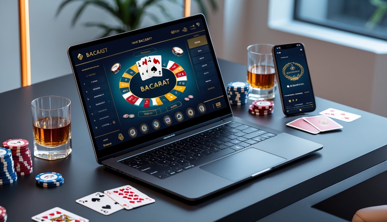 Meja kerja dengan laptop yang menampilkan permainan baccarat online, dikelilingi chip poker dan kartu remi.