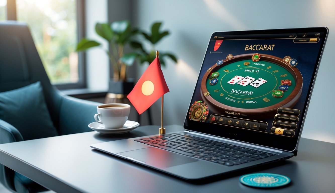 Seorang pemain menggunakan laptop untuk bermain baccarat online di ruang kerja yang rapi dengan pencahayaan alami dan dekorasi sederhana.