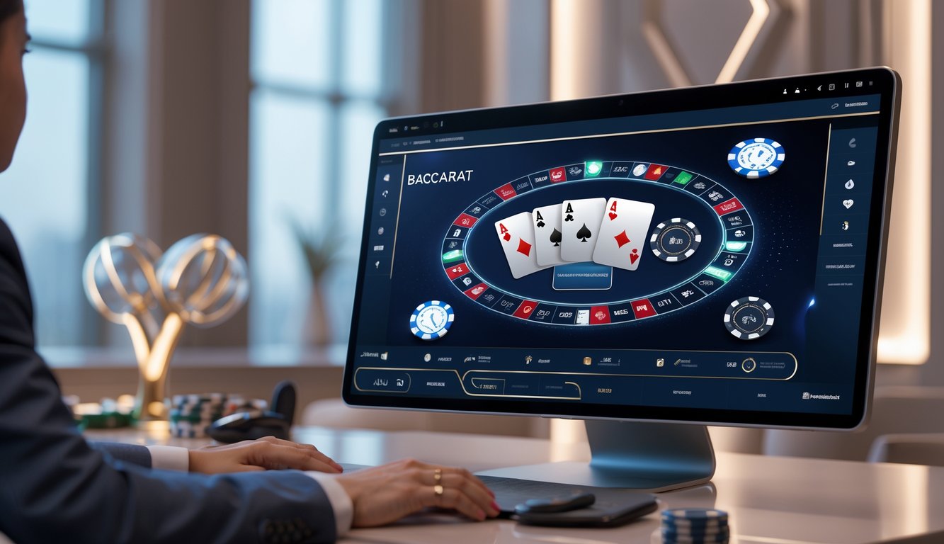 Sebuah layar komputer menampilkan permainan baccarat online dengan kartu dan chip di lingkungan modern yang menunjukkan keamanan dan teknologi.