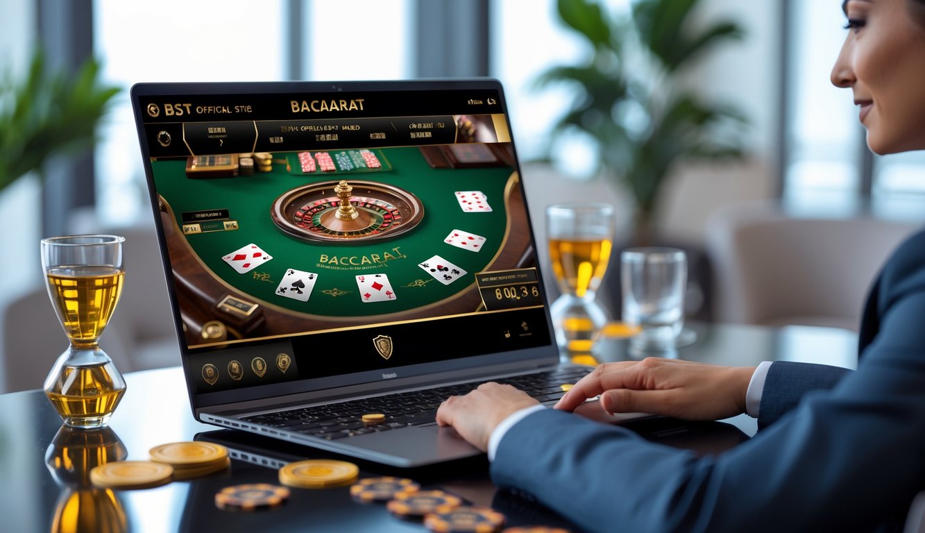 Seorang pemain menggunakan komputer dengan tampilan permainan baccarat online yang jelas dan modern, menunjukkan suasana aman dan mudah menang.
