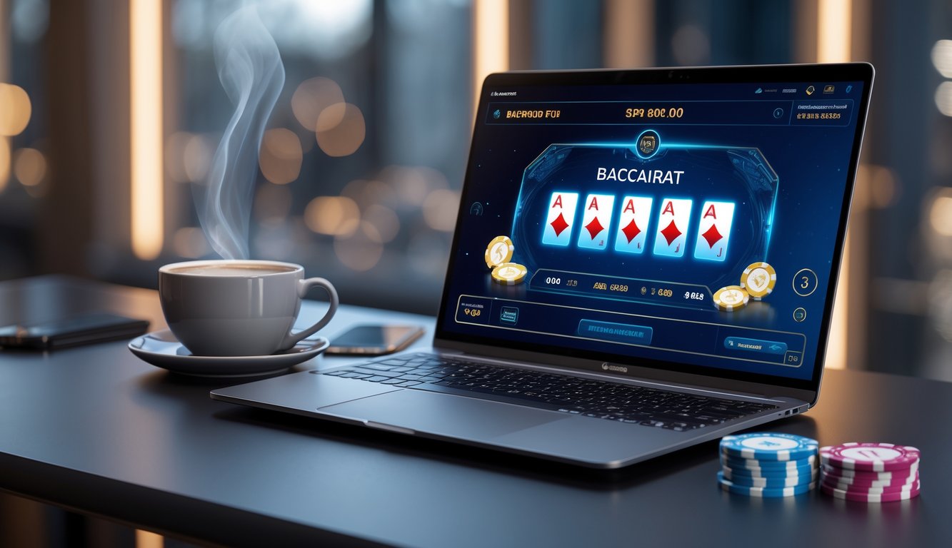 Seorang pria menggunakan laptop dengan tampilan permainan baccarat online, di meja kerja dengan kopi dan ponsel yang menunjukkan konfirmasi penarikan cepat.